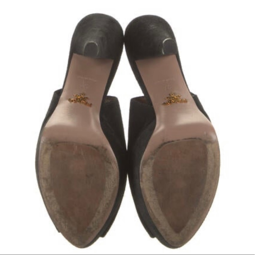 Prada black suede slingback sandals; block heels w/platform; buckle closure - Picture 7 of 7